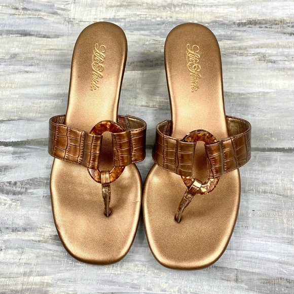 Life Stride “Fabulous” Bronze Wedge Thong Sandal Low Wedge Heel Comfort Croc 7M - Picture 9 of 16